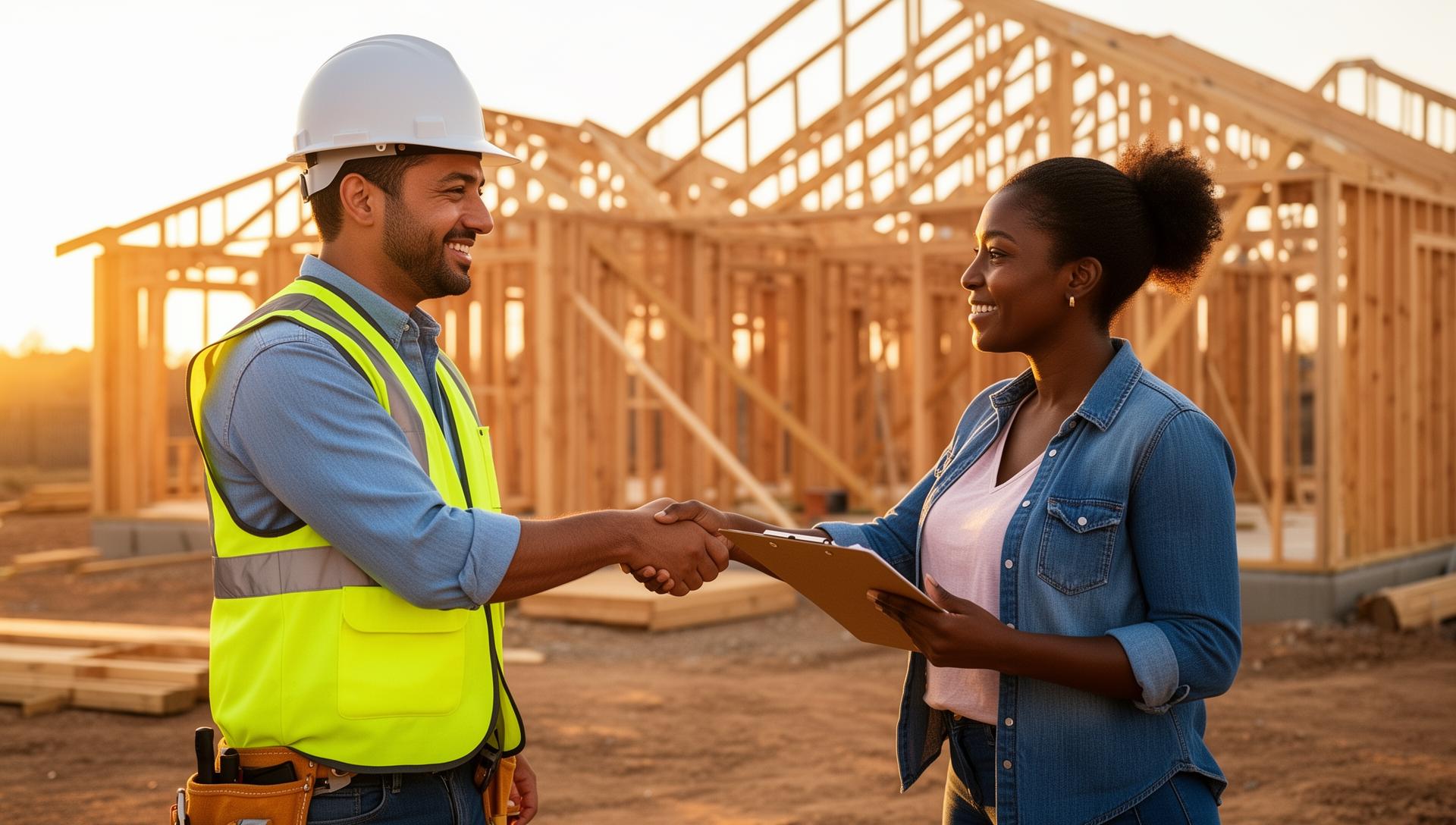 Contractor shaking hands with homeowner at construction site